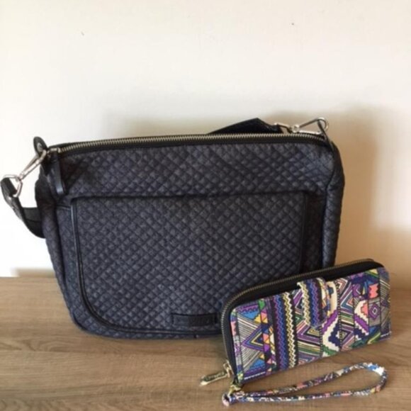 Vera Bradley Qulted Carson Shoulder Bag Dark Denim & "Loveshe" Wristlet Wallet - Picture 1 of 10